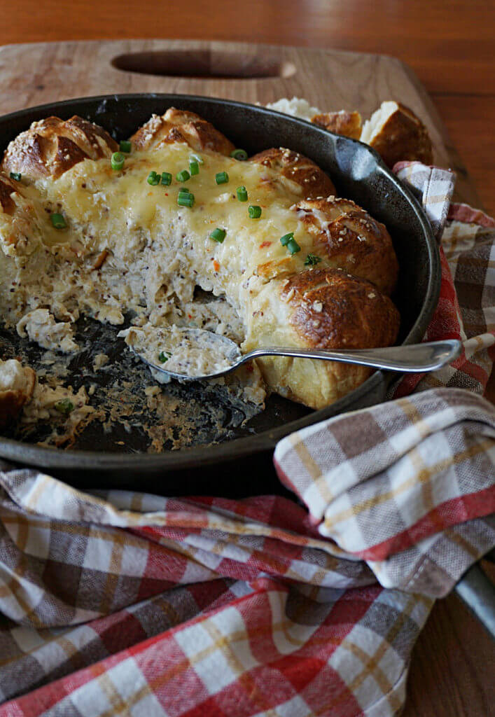 Pretzel baked Beer Dip recipe; made with Oast Beer, perfect for the Super Bowl weekend! www.BakingForFriends.com