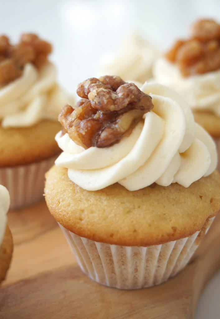 Mini Maple Walnut Cupcakes with Candied Walnuts