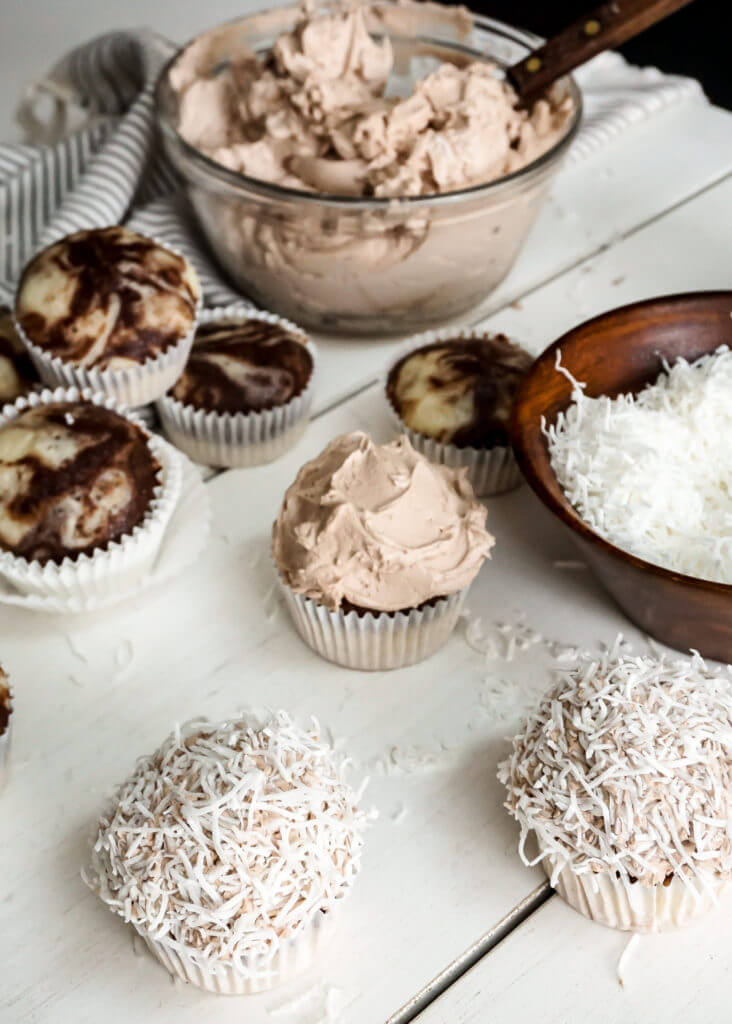 Marble Cupcakes with Chocolate Icing and Coconut
