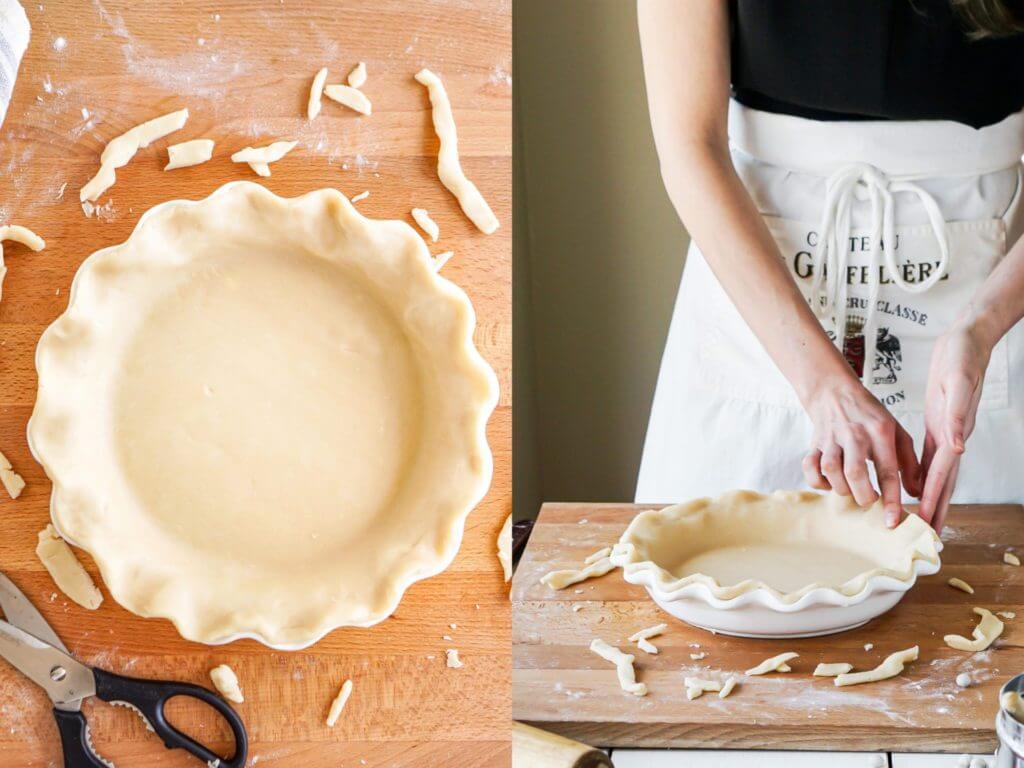 Trimming pastry edges and shape as desired to prepare pie crust