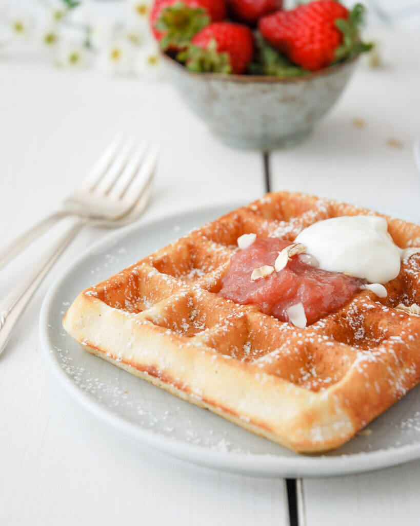 Oat Waffles topped with Rhubarb Ginger Compote