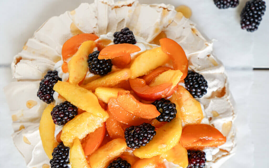 Summer Pavlova - Peach, Apricot and Blackberry Pavlova